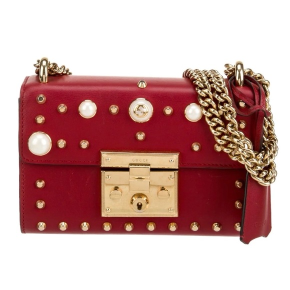 Gucci♥️ Red padlock Leather Pearl & Gold Stud Chain Crossbody Bag - Picture 3 of 11